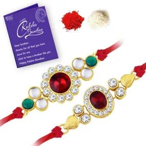 Sukkhi Beguiling Gold Plated Kundan Rakhi Combo (Set of 2 ) with Roli Chawal and Raksha Bandhan Greeting Card For Men