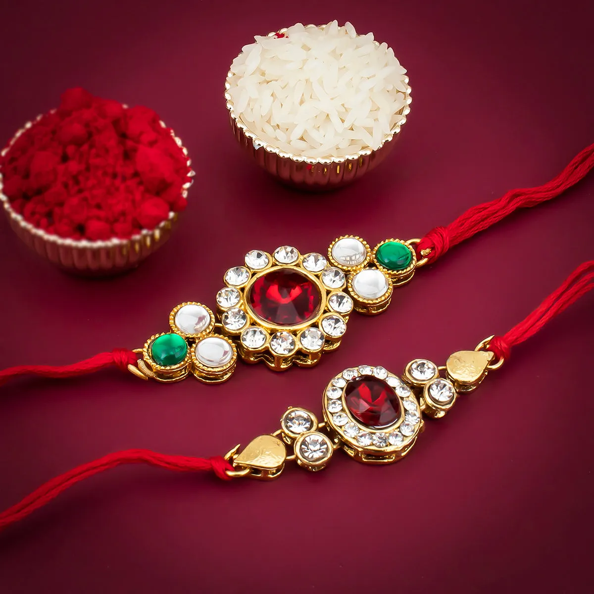 Sukkhi Beguiling Gold Plated Kundan Rakhi Combo (Set of 2 ) with Roli Chawal and Raksha Bandhan Greeting Card For Men