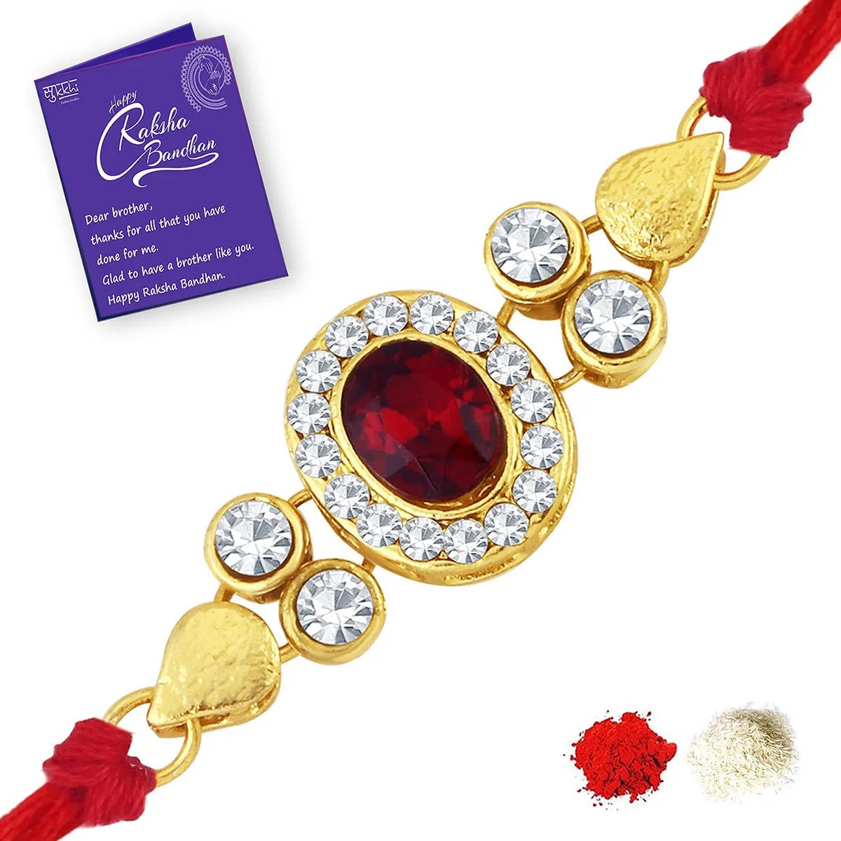 Sukkhi Beguiling Gold Plated Kundan Rakhi Combo (Set of 2 ) with Roli Chawal and Raksha Bandhan Greeting Card For Men