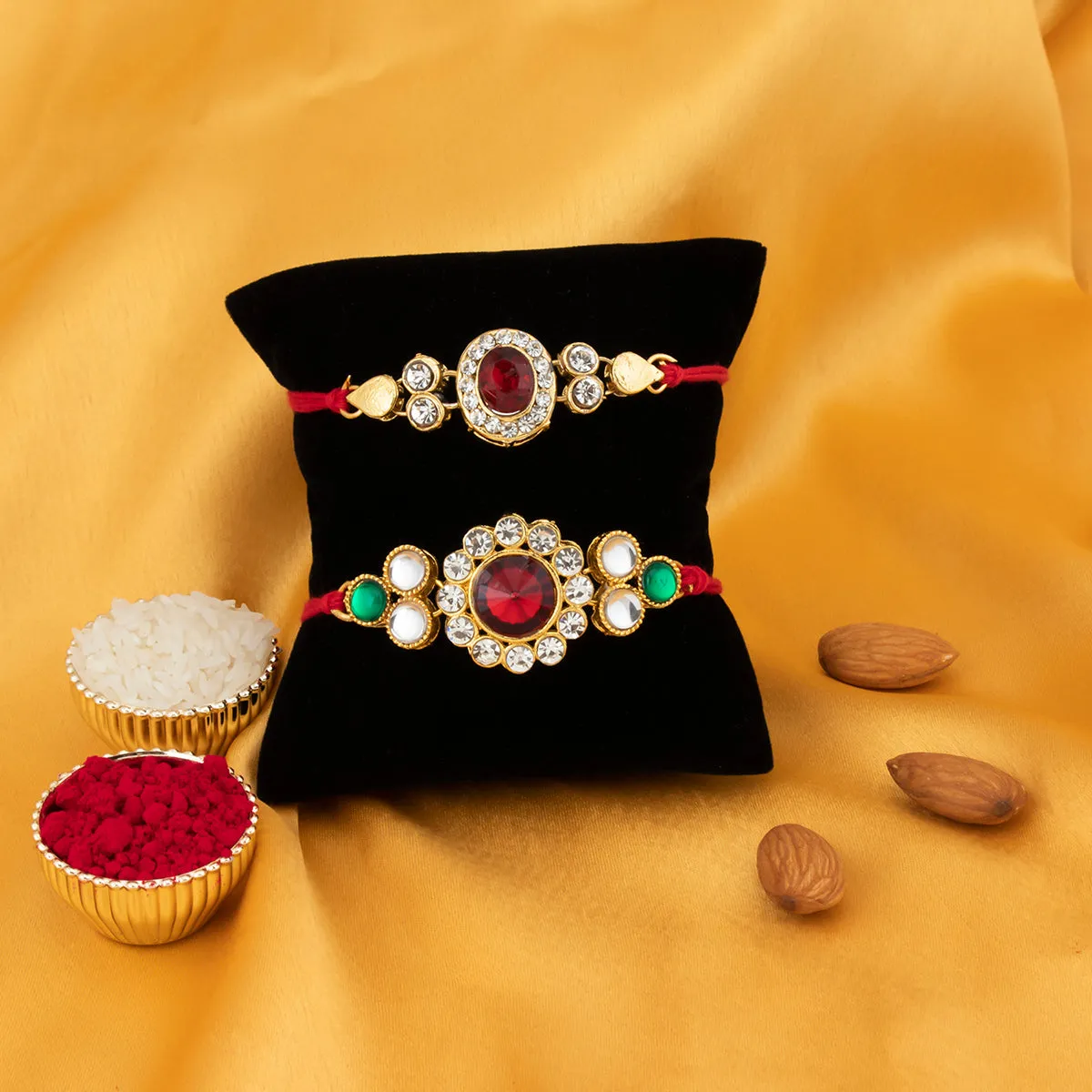 Sukkhi Beguiling Gold Plated Kundan Rakhi Combo (Set of 2 ) with Roli Chawal and Raksha Bandhan Greeting Card For Men