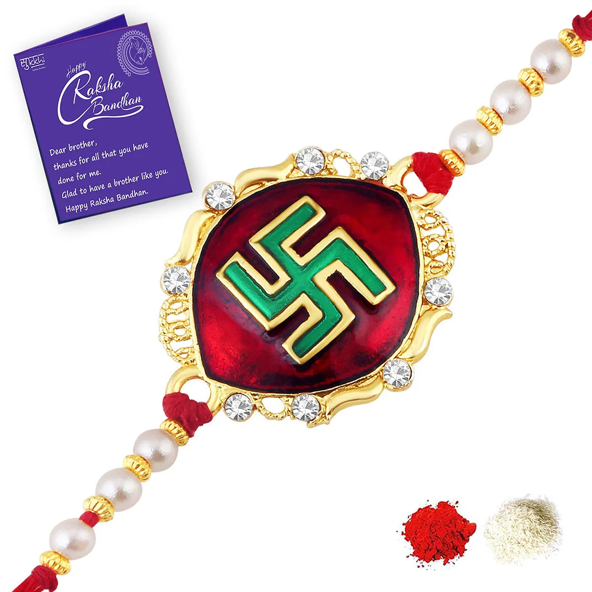 Sukkhi Blossomy Gold Plated Swastik Meenakari Rakhi with Roli Chawal and Raksha Bandhan Greeting Card For Men