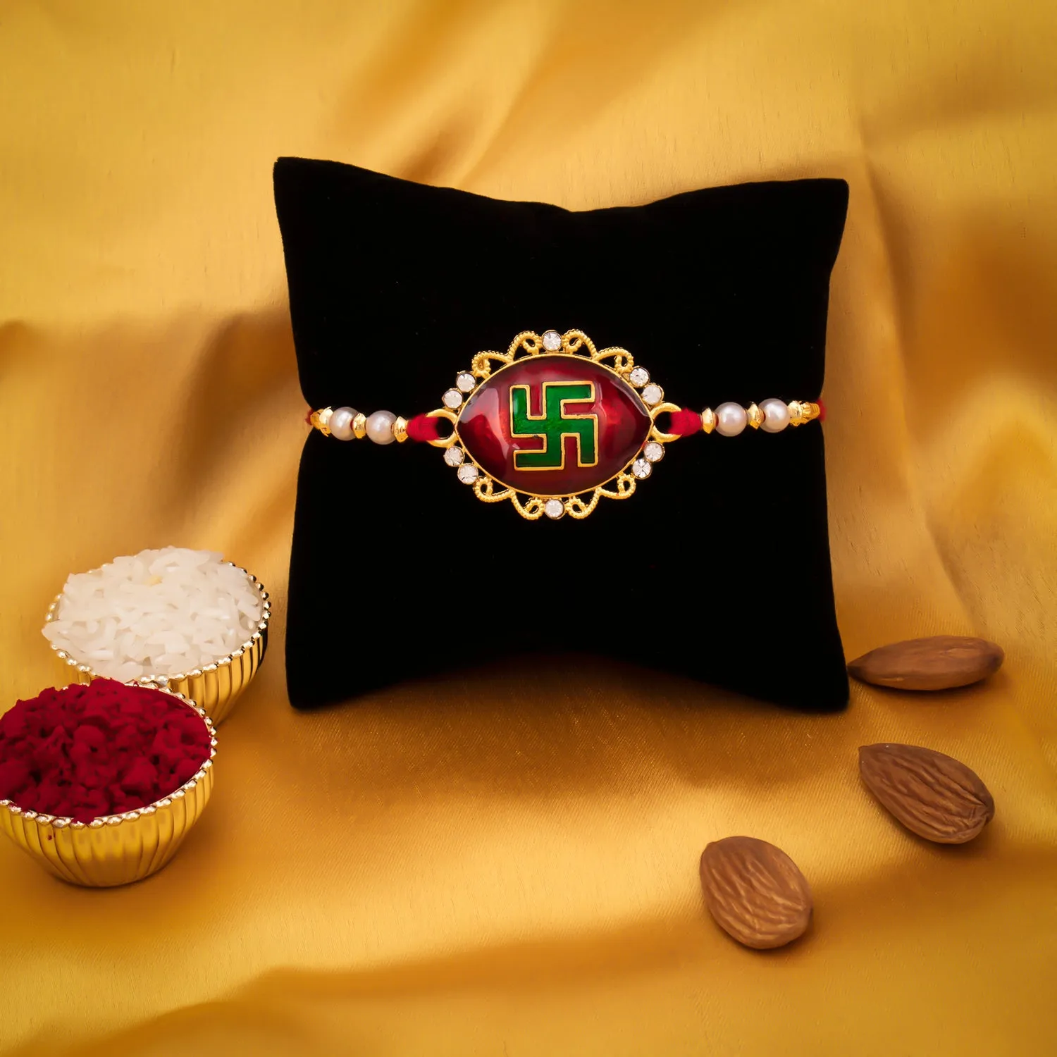 Sukkhi Blossomy Gold Plated Swastik Meenakari Rakhi with Roli Chawal and Raksha Bandhan Greeting Card For Men