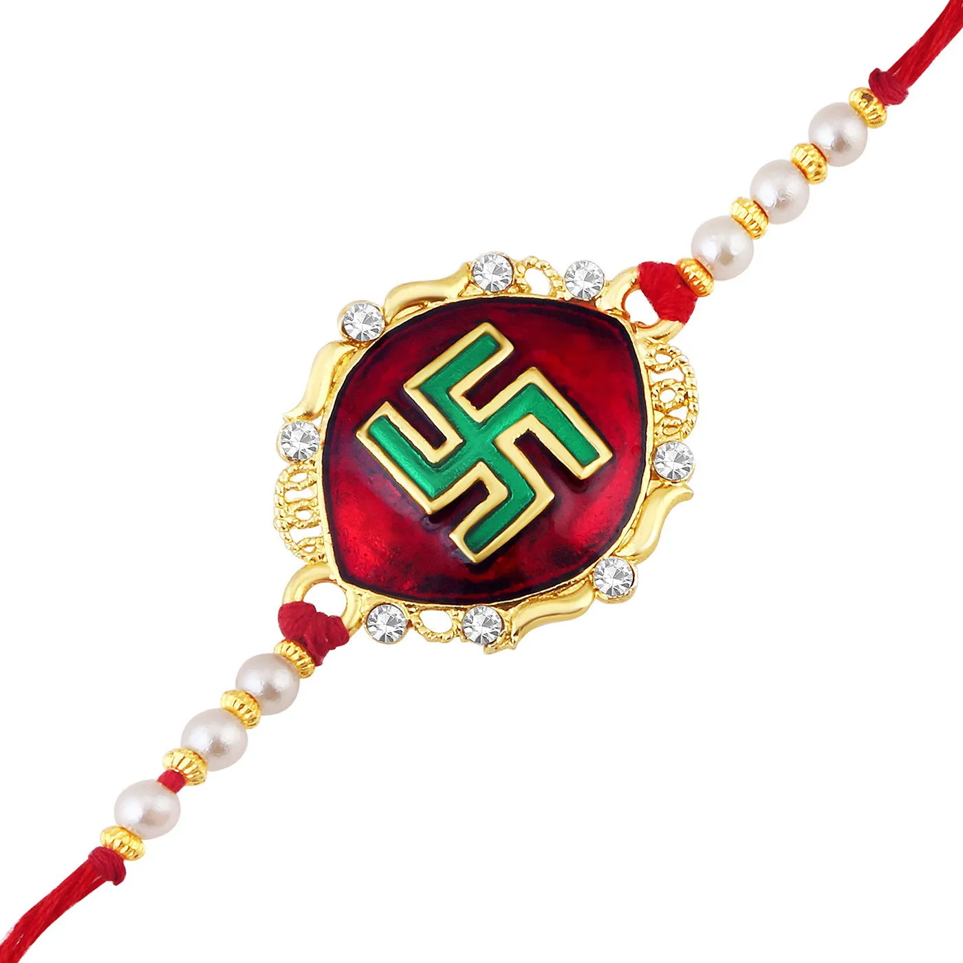 Sukkhi Blossomy Gold Plated Swastik Meenakari Rakhi with Roli Chawal and Raksha Bandhan Greeting Card For Men