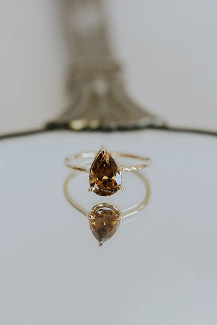 Teardrop Yellow-Orange Zircon Ring - 14K Yellow Gold