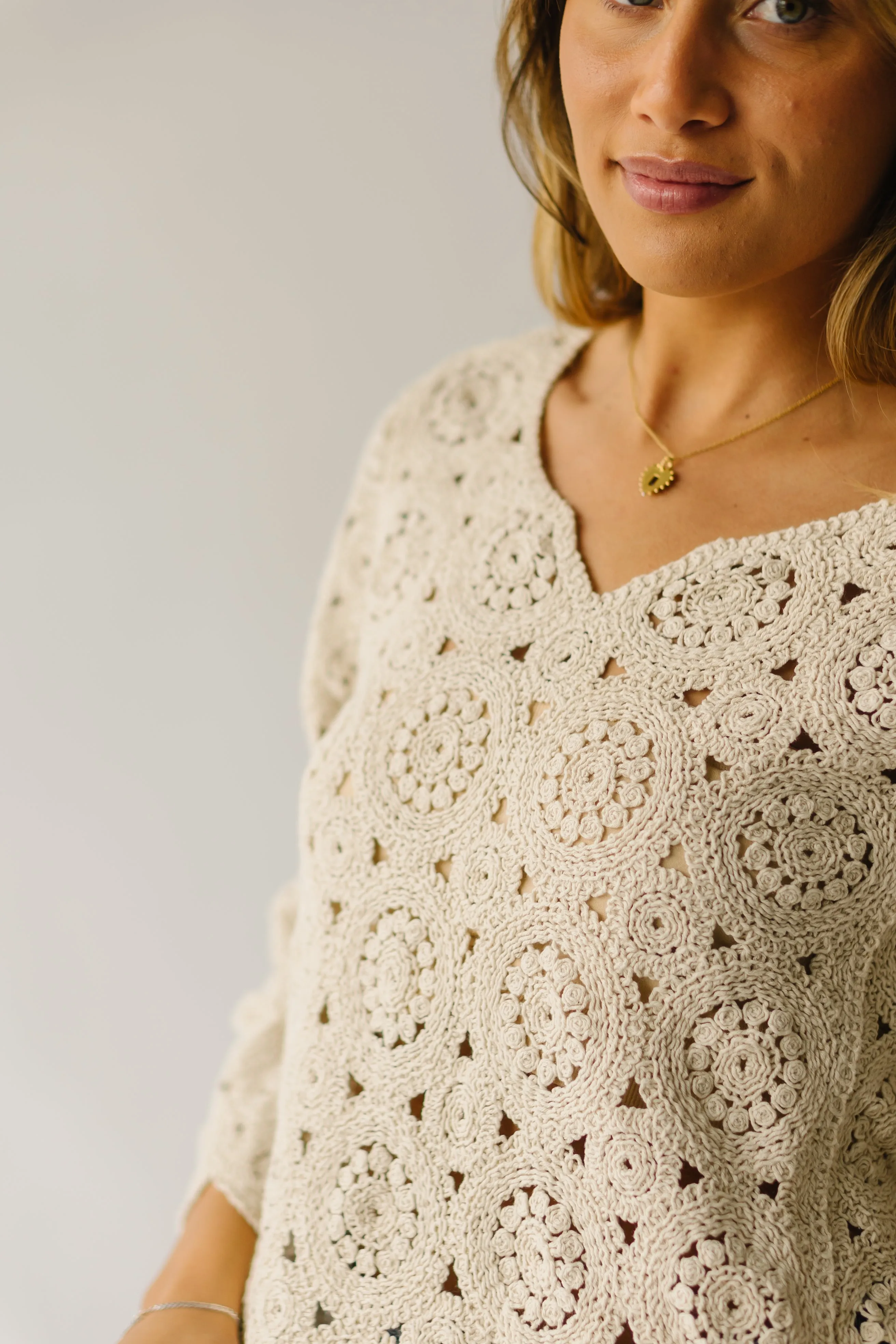 The Liska Scalloped Crochet Sweater in Natural