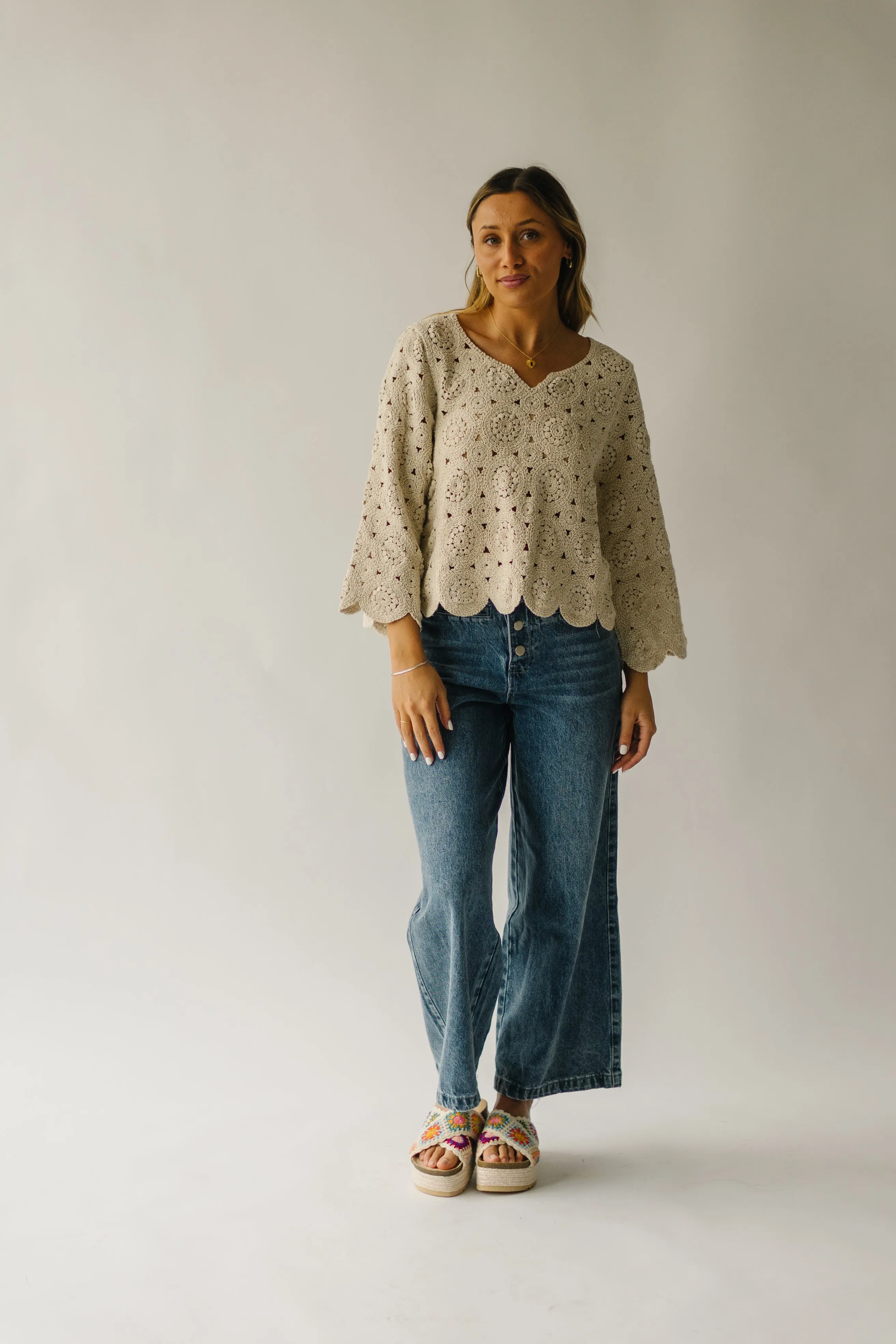 The Liska Scalloped Crochet Sweater in Natural