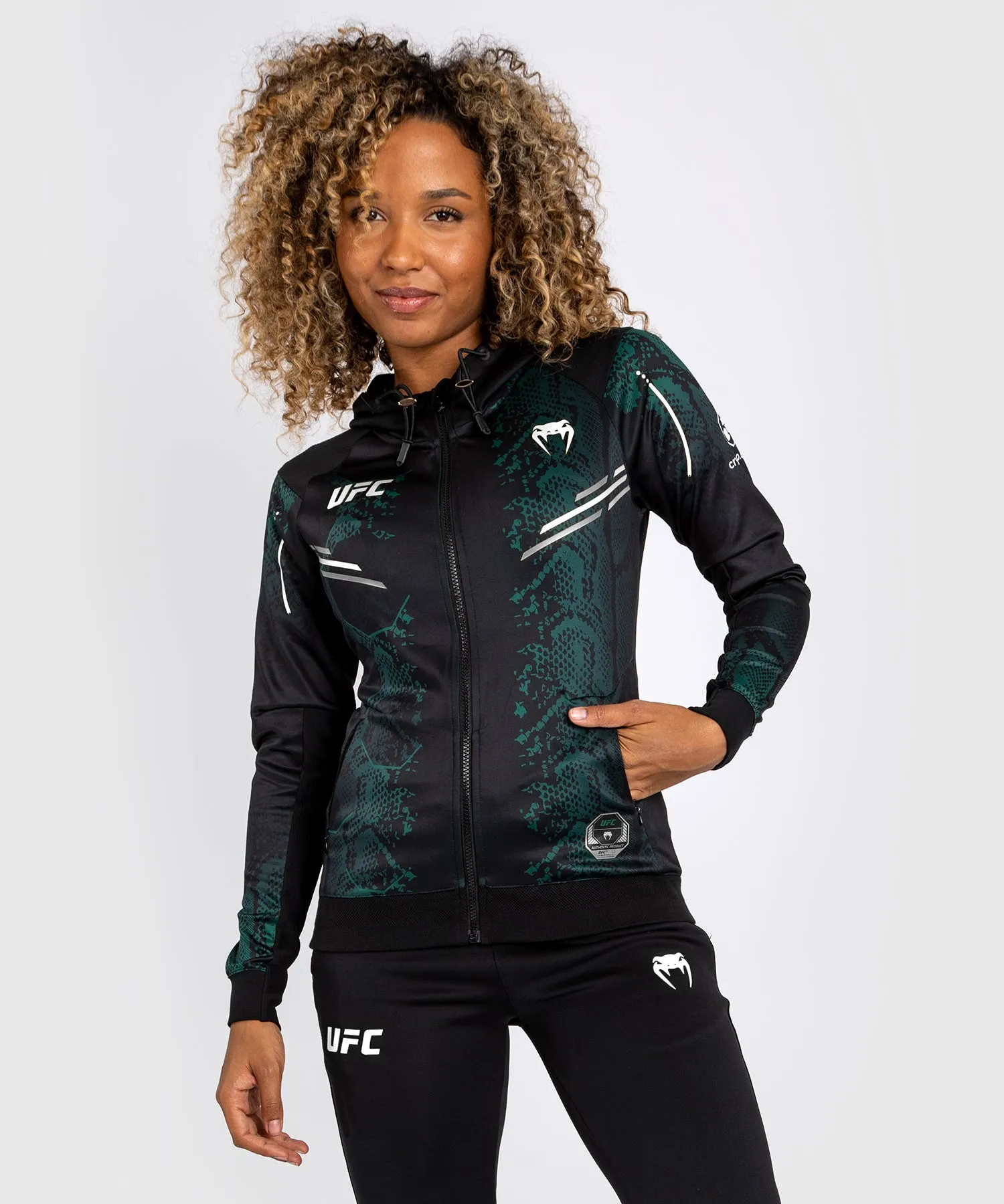 UFC Adrenaline by Venum Personalized Authentic Fight Night Women’s Walkout Hoodie - Emerald Edition - Green/Black