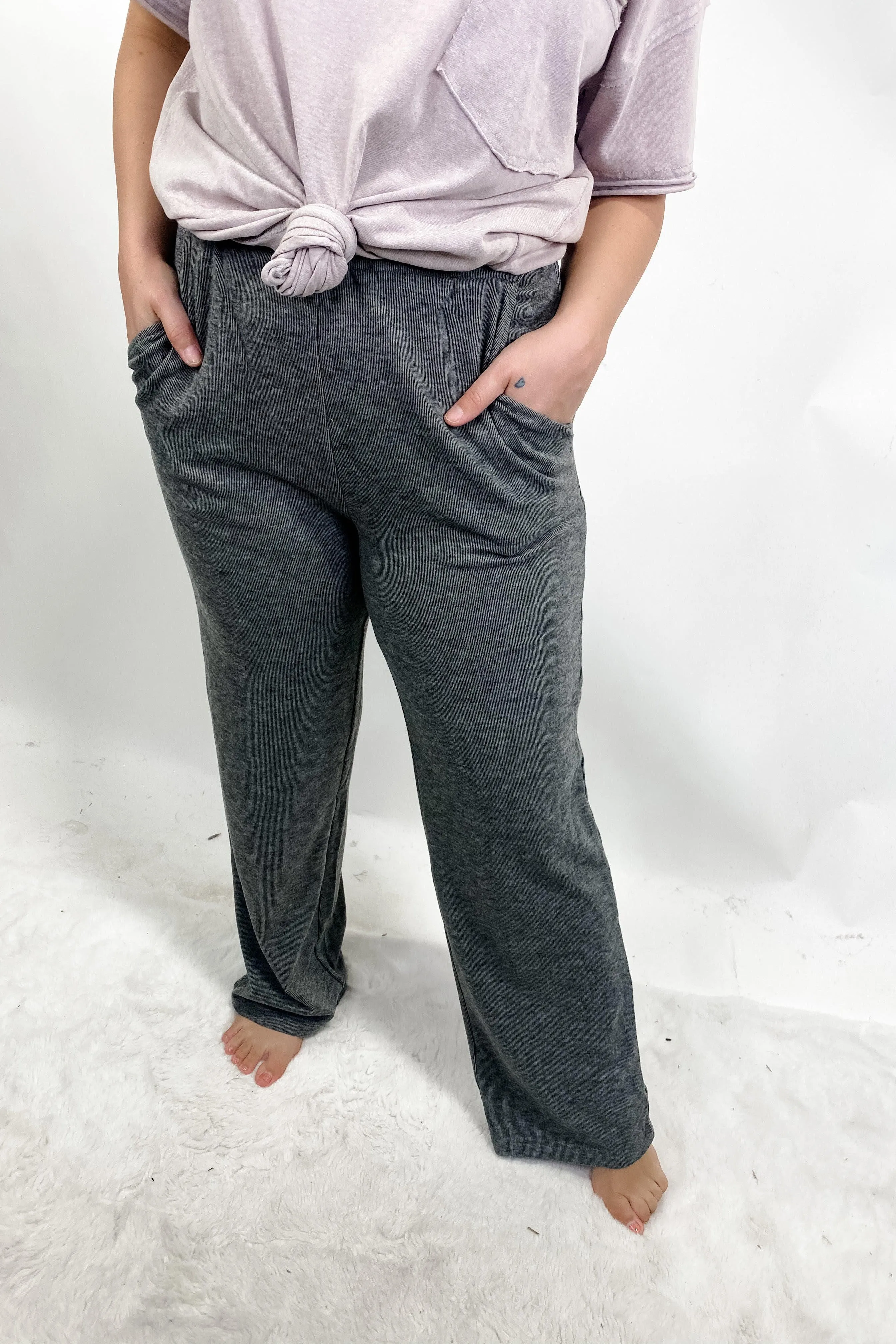 Winding Down- {Beige & Charcoal} Super Soft Wide Leg Pants w/ Pockets