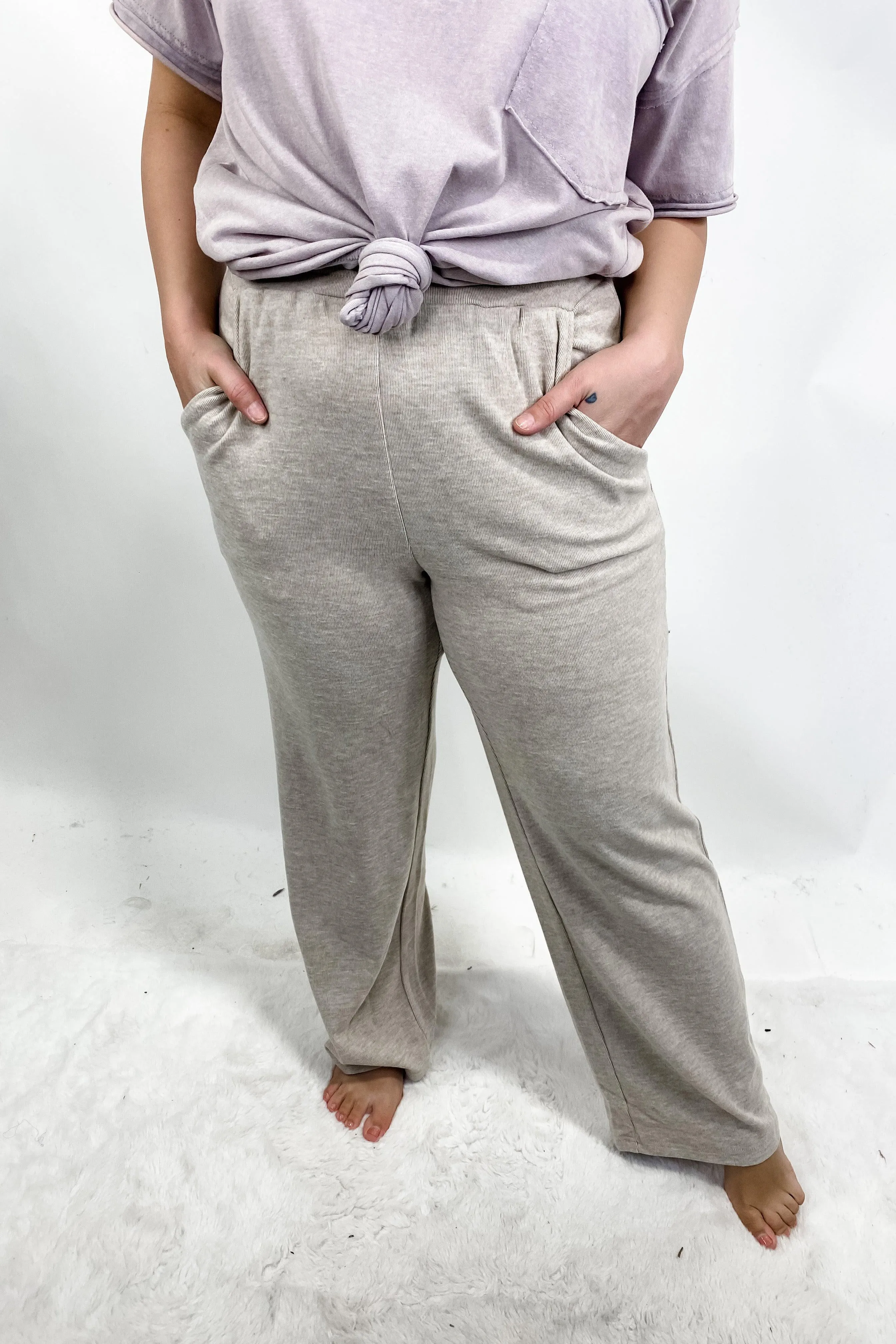 Winding Down- {Beige & Charcoal} Super Soft Wide Leg Pants w/ Pockets