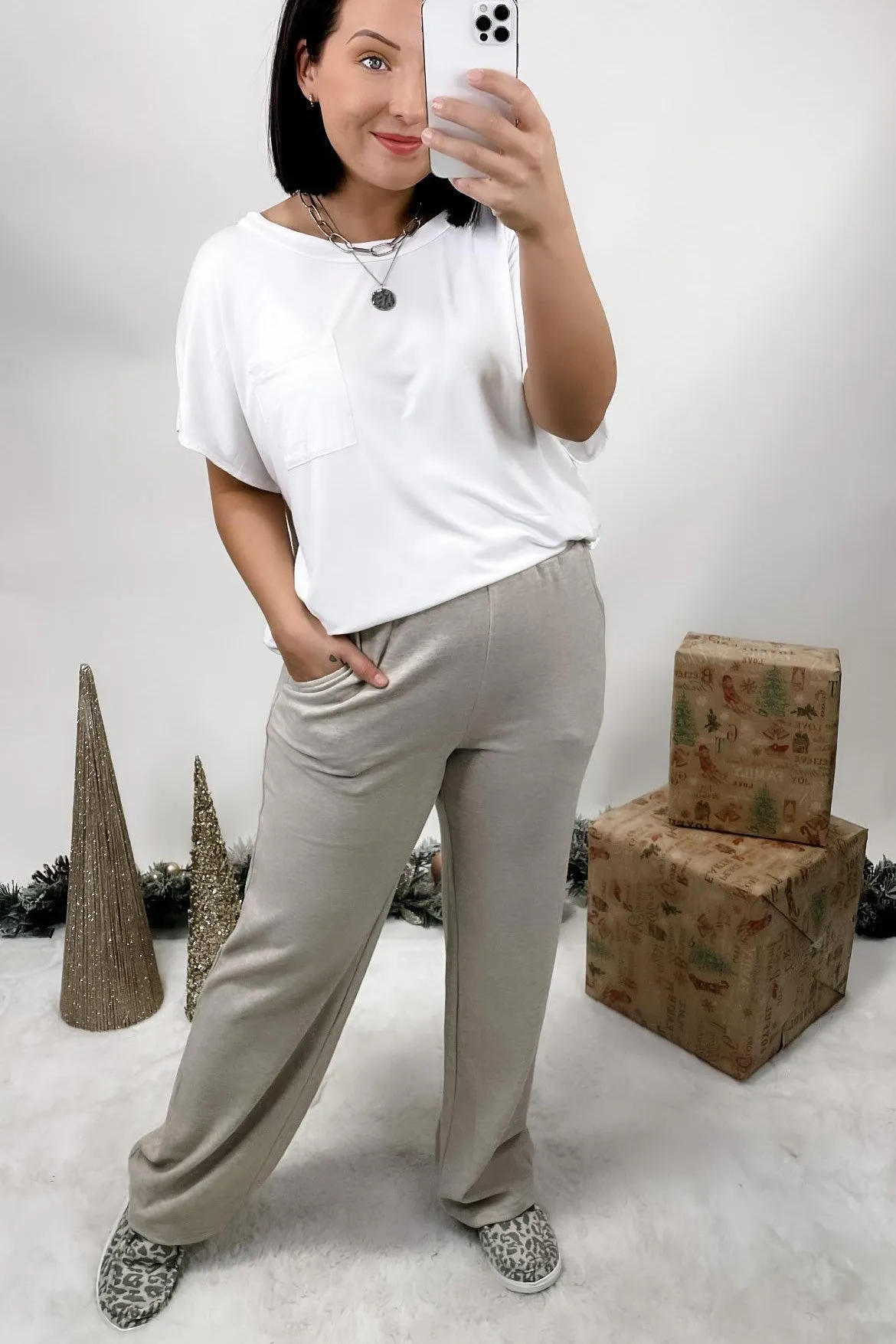 Winding Down- {Beige & Charcoal} Super Soft Wide Leg Pants w/ Pockets