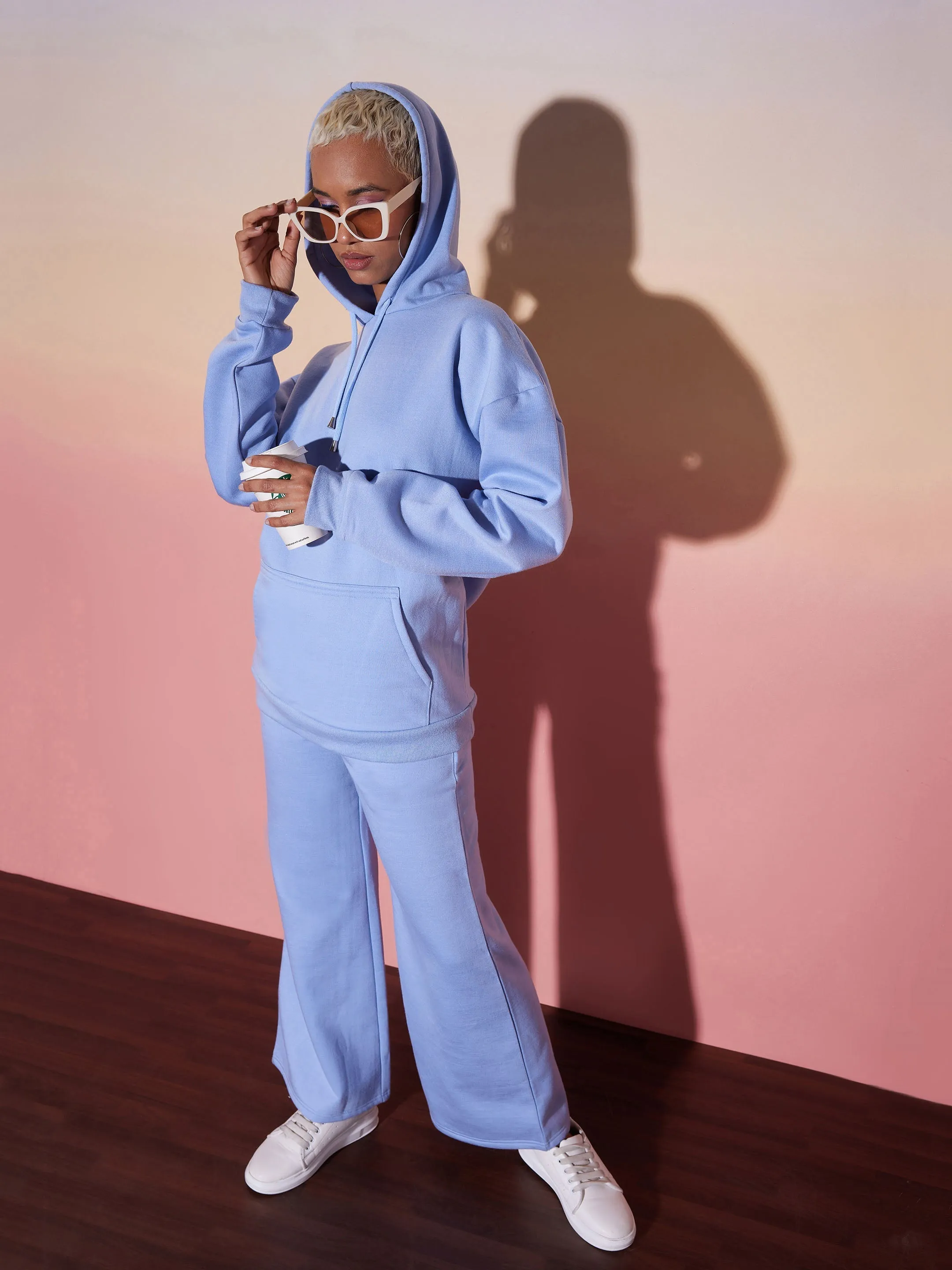 Women Aqua Blue Oversize Hooded Sweatshirt With Wide Leg Pants