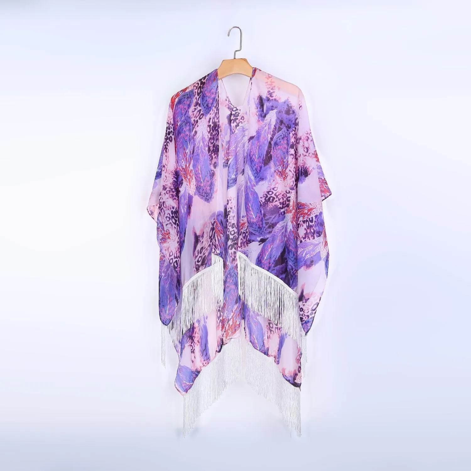 Women's Sheer Kimono Cardigan Cape Purple Theme Leopard Print CAR016