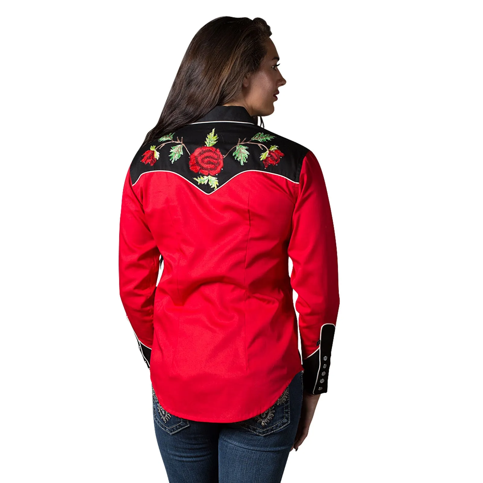 Women's Vintage 2-Tone Red Roses Embroidery Western Shirt