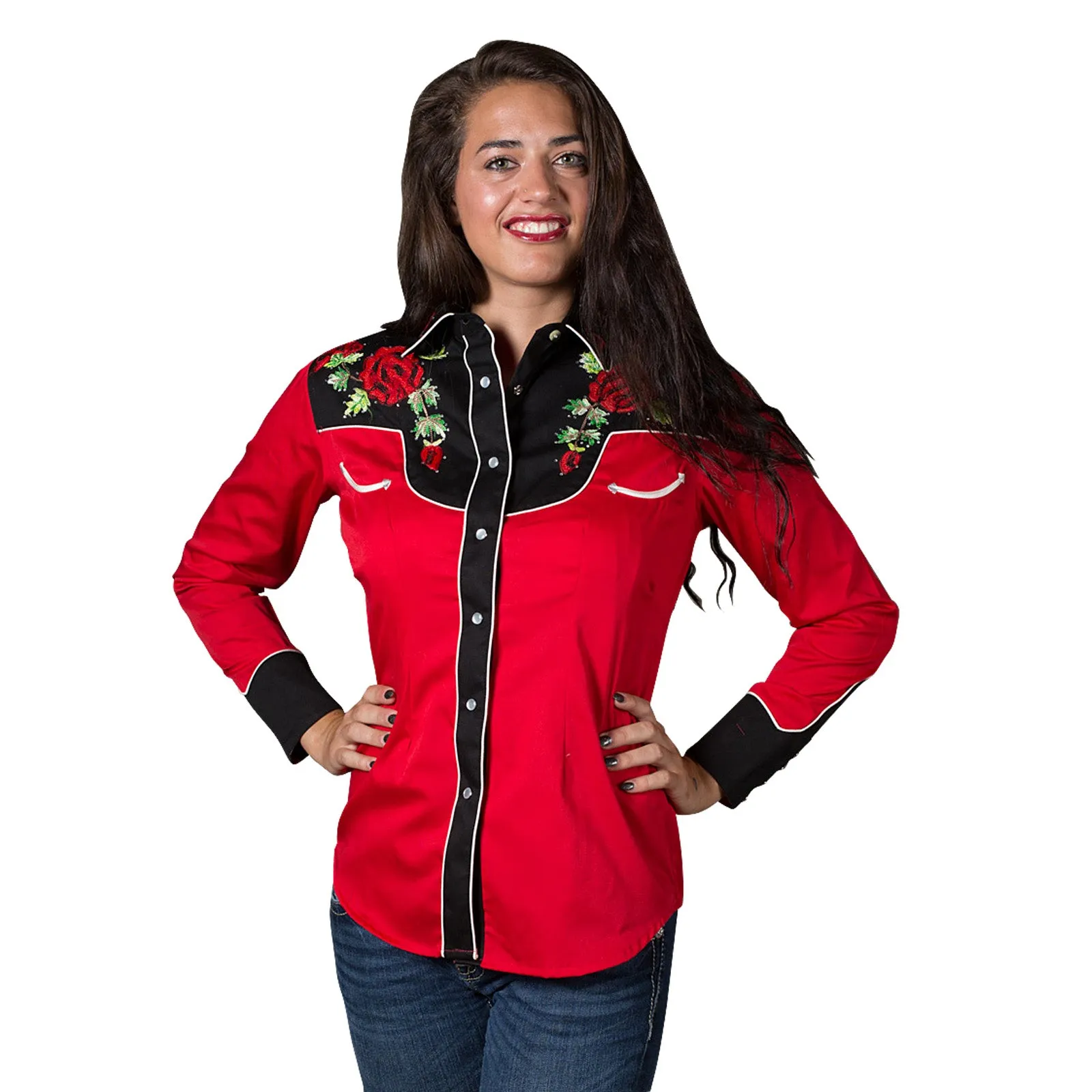 Women's Vintage 2-Tone Red Roses Embroidery Western Shirt